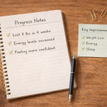 Fresh Start 30 Results – featured visual - Fresh Start 30: A Journey To Better Health Notebook open with progress notes and a pen on a wooden desk, representing tracking results and progress documentation.